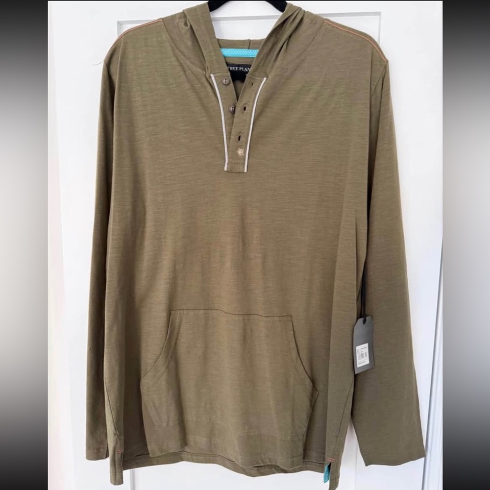 Men’s Olive Hooded Henley L BNWT Lightweight Hoodie Shirt Casual Minimalist